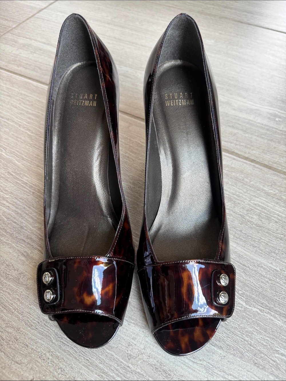 Stuart Weitzman Brown Tortoiseshell Patent Peep-Toe Heels